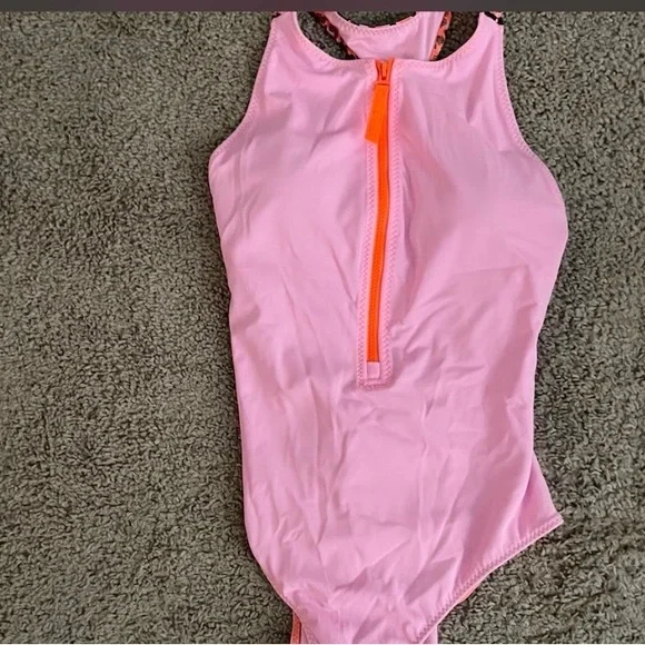 Pink One-Piece Swimsuit with Orange Zipper - Picture 1 of 3